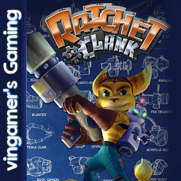 Ratchet & Clank (2002) SCEA North American Front Box Art blue color background variation, vingamer's Gaming vertical logo. tile square graphic